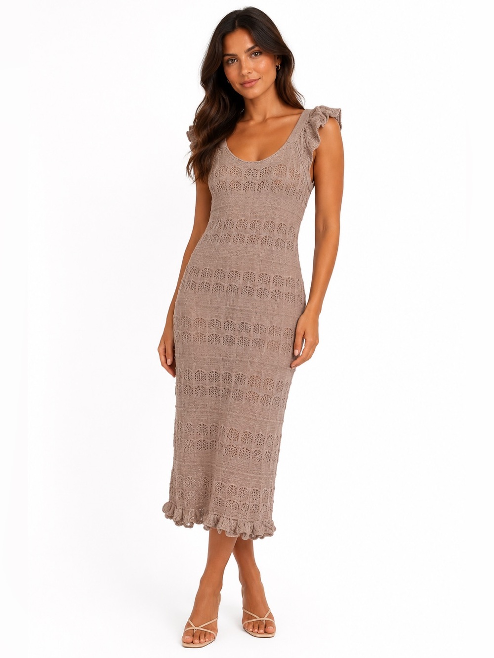 Freshman 1996 Boho Crochet Knit Midi Dress Taupe Ruffle Strap Festival Beach S